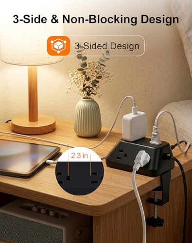 Desk Clamp Power Strip, 6 AC, 2 USB-C & 2 USB-A, 1440J, 10FT Cord - size: 10FT-Black