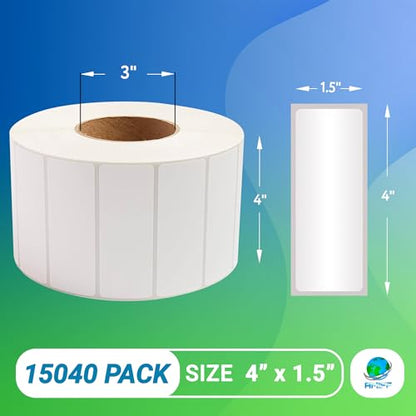 ABC PACK & SUPPLY Thermal Transfer Labels 4 x 1.5 Inch, White Matte Shipping Labels, 3" Core, Perforated, 3760 Labels per Roll, 4 Rolls, Permanent Adhesive, Industrial Printer Compatible - style: 4" x 1.5" / 15040 Pack