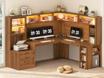 SEDETA Farmhouse 68" L Shaped Office Desk with Hutch, Storage Drawers - color: Brown, size: 68 inches