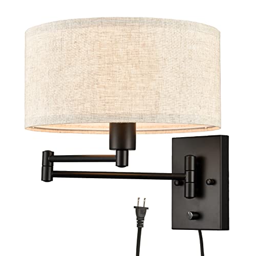 SAMTEEN Plug in Wall Sconce Swing Arm Wall Lamp with Linen Drum Shade | Modern Farmhouse Black Sconces Lighting with ON/OFF Switch Plug Cord, Beige Fabric Shade Wall Lamps for Bedroom Living Room