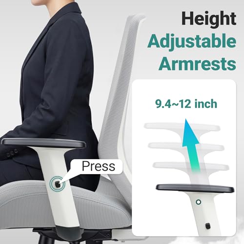 Big and Tall Home Office Desk Chair 400lb Capacity for Heavy People, Ergonomic Wide Mesh Desk Chair with Stepless Recline & Lock, 5.5" Thick Cushion, High Back, Adjustable Height & Armrests - color: White