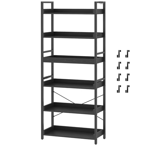 HCHQHS 6 Tier Bookshelf, Adjustable Industrial Bookcase, Vertical Tall Book Shelf, Wood and Black Metal Open Bookshelves for Home Office, Living Room, Bedroom, 70 Inch - color: Black, size: 6-Tier (24"W x 70"H)