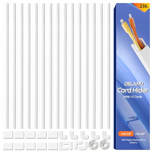 Delamu 236in Cord Hider, Professional Cable Cover Kit for Wall, TV Wire Hider for Wall Mounted TV, Raceway Cover on Management Wires, Cable Concealer, 0.59'' H x 0.40'' W, White - color: White, size: 236in x 0.59in x 0.40in