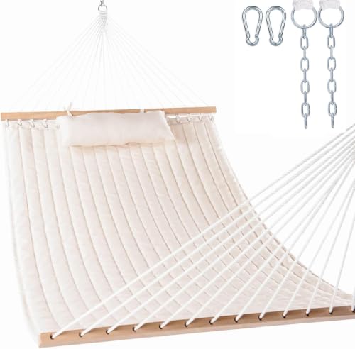 Lazy Daze Double Quilted Hammock with Pillow for Outside, Fit 13-15Ft Stand - color: Natural