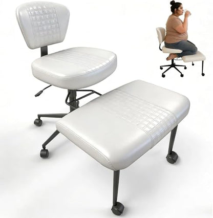 Meditation Chair with Footrest, 360° Swivel Height Adjustable Criss Cross Chair, White PU Padded Wide Seat, Home Office Desk Chair for Reading, Yoga, Peaceful Living - color: White