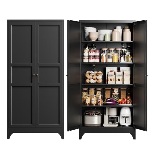 Metal Storage Cabinet with 2 Doors and 4 Adjustable Shelves,- 72" Black Kitchen Pantry Storage Cabinet for Kitchen,Living Room,Dining Room - color: Black, size: 72"- 4 Adjustable Shelves-B