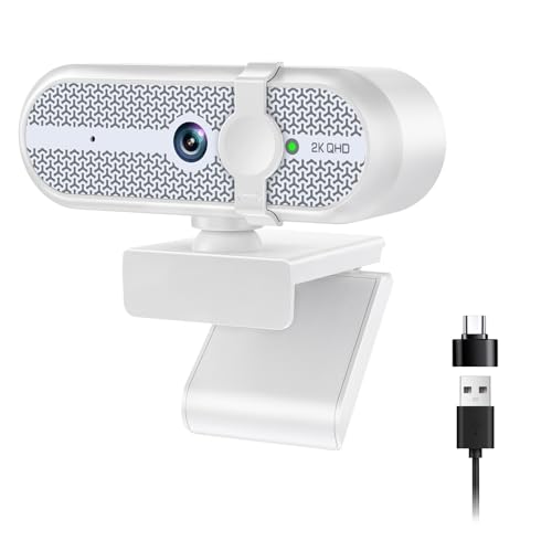2K Webcam for PC, 5MP, Noise-reducing Microphone, 90° FOV, USB Webcam Plug & Play, Slide Privacy Cover, Suitable for Win 7/8/10 MacOS, Wide Compatibility for Zoom, Microsoft Teams - color: White