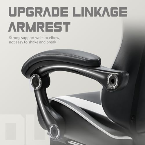 DUMOS Ergonomic Gaming Chair with Footrest, Computer Video Game Chair | Comfy Headrest, Height Adjustable, Linkage Armrests, PU Leather, 360° Swivel Recling, Black White - color: Black White, size: PU Leather 27"D x 25"W x 52"H
