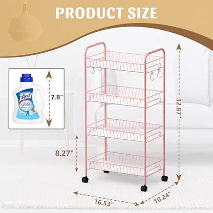 PLKOW 4-Tier Rolling Utility Cart with Detachable Baskets, Pink - color: Pink