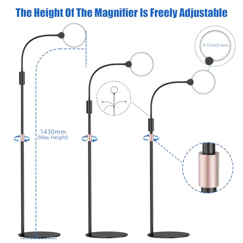 10X Floor Magnifying Glass with Light and Stand,360° Flexible Gooseneck Floor Magnifying Lamp,3 Light Modes,Height Adjustable,Hands Free Magnifier for Reading,Close Work,Craft,Sewing for Seniors