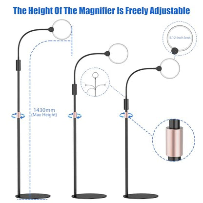 10X Floor Magnifying Glass with Light and Stand,360° Flexible Gooseneck Floor Magnifying Lamp,3 Light Modes,Height Adjustable,Hands Free Magnifier for Reading,Close Work,Craft,Sewing for Seniors