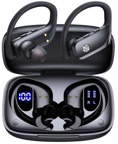 Wireless Earbuds Bluetooth Headphones Over Ear Hooks Ear Buds with 80H Playtime, LED Power Display, Dual Mic Clear Calls, Sports Wireless Ear Buds Bluetooth Earbuds for Running Gym Workout (Black)