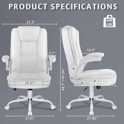 LEMBERI Flip-up Arms Office Desk Chair, Big and Tall Managerial Executive Chair, High Back Computer Chair, Ergonomic Adjustable Height PU Leather Chairs with Cushions Armrest for Long Time Sitting - color: New White
