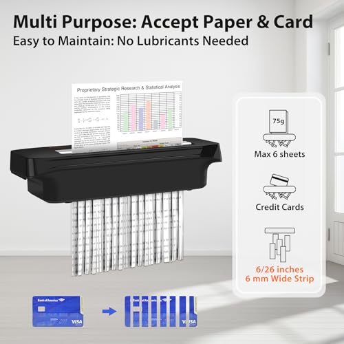 VidaTeco 6-Sheet Strip Cut Mini Paper Shredder for Home Use, Portable Small Document Shredder Without Basket, Shreds Staples, CD, Credit Card, Auto-Off, Anti-Jam, Overheat Protection, Extendable Arm
