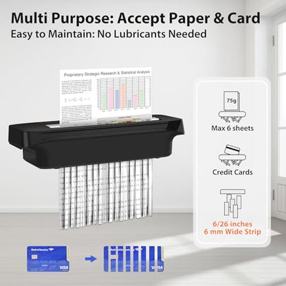 VidaTeco 6-Sheet Strip Cut Mini Paper Shredder for Home Use, Portable Small Document Shredder Without Basket, Shreds Staples, CD, Credit Card, Auto-Off, Anti-Jam, Overheat Protection, Extendable Arm