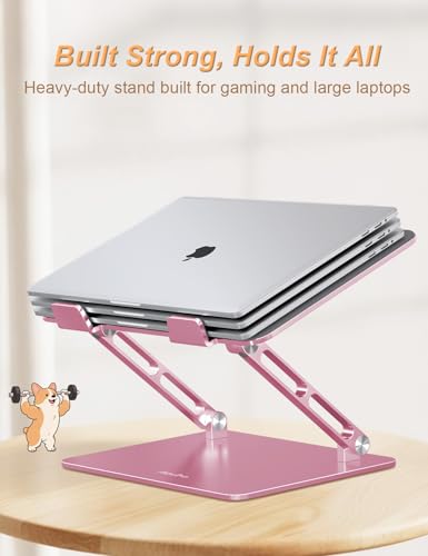 Aoviho Aluminum Laptop Stand for Desk Fit for All 10"-17.3" Laptops, Pink | Height-adjustable Notebook Holder, Ergonomic Computer Riser with Unique Puppy Cooling Vent, for Mac, Dell, Lenovo, HP - color: Rose Gold