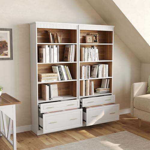 LITTLE TREE 72" Tall White Bookcase, 5-Tier Office Bookself with File Cabinet Drawers,Modern Floor Standing Storage Filing Cabinet Book Shelf for Living Room,Bedroom(2 Piece,White) - color: White