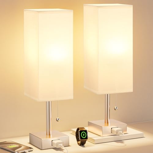 Bedside Lamp for Bedroom Set of 2 - Gold Table Lamp for Nightstand | AC Outlet, 3 Color Temperatures, LED Bulb Included, Pull Chain Design, 14" Rectangular Desk Lamp for Dorm/Office, 2-Pack - color: White & Antique White, size: 14.3In