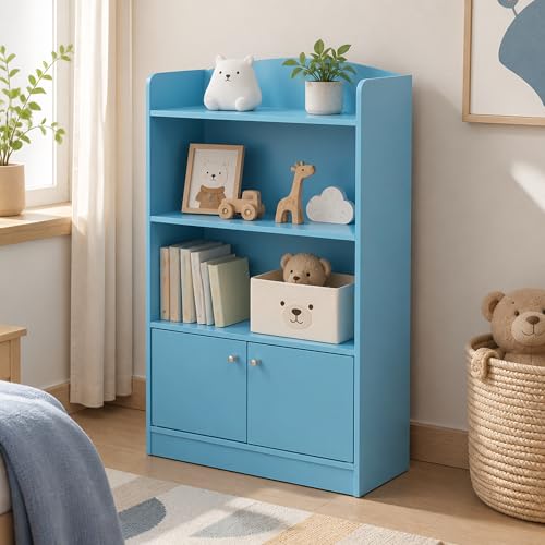 Bookshelf with Storage Cabinet, Bookcase, Book Shelf with Door, 11.8 x 23.6 x 37.3, for Bedroom, Living Room, Home Office, Light Blue - color: Light Blue, size: 4 Tier