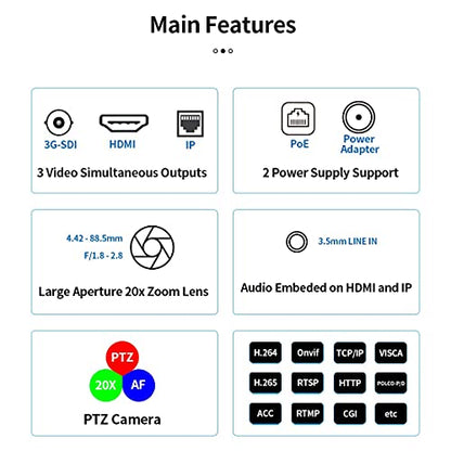 SMTAV PTZ Camera with 3G-SDI,HDMI and IP Streaming Outputs,20X Optical Zoom,Broadcast Live Streaming Camera for Conference,Events,Church and School etc