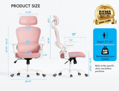 TRALT Office Chair - Ergonomic Desk Chair with Headrest Support for Adults | Home Office Desk Chair with Lumbar Support - Ergonomic Mesh Chairs 330 lb Wide Seat with Headrest, Comfy Desk Chair(Pink) - color: Pink