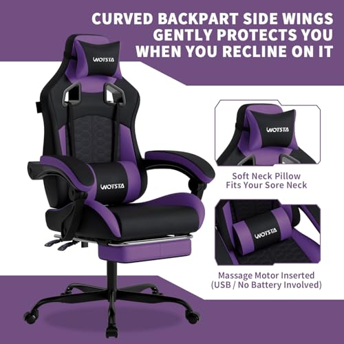 Gaming Chair with Massage,Ergonomic PC Gaming Chair with Footrest Comfortable Headrest and Lumbar Support,High Back Game Chair PVC Leather,300LBS (BlackPurple) - color: Blackpurple