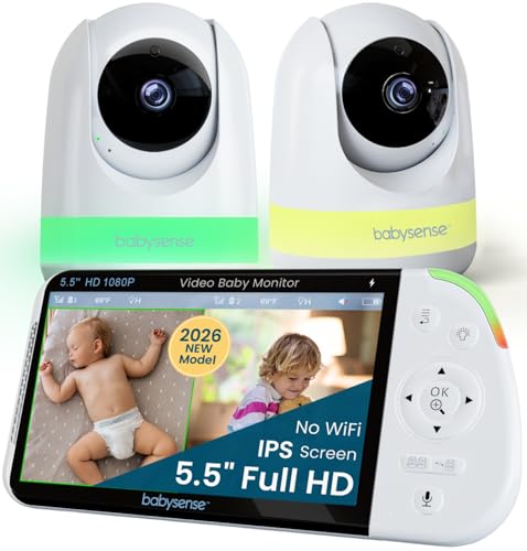 Babysense PRO Full HD 5.5" Split Screen Baby Monitor with 2 Cameras, 6-Color Night Light, White Noise, Sound & Light Machine, 20-Hour Battery, Hack-Proof Non-WiFi Secure Connection - size: 5.5 Inch 2 CAM