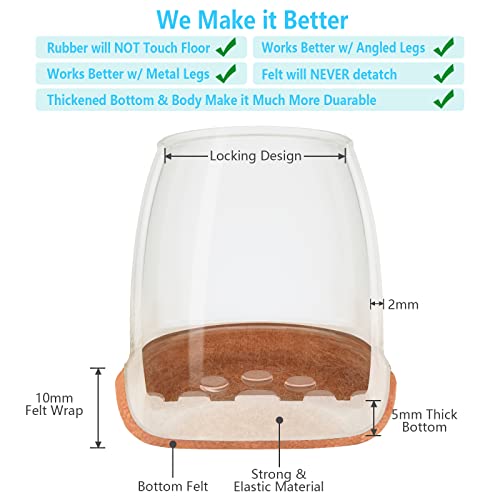 16 Pack Chair Leg Floor Protectors for Hardwood Floors, Round Rubber Furniture Sliders, 360°Felt Pad Bottom Wrapped Thickening Silicone Furniture Legs Caps Covers(Round,Clear-Brown-S) - size: Transparent-S