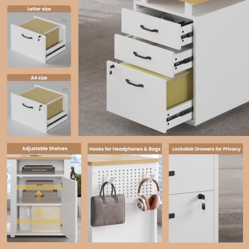 78" Executive Desk with Lockable File Cabinet, L Shaped Office Desk with Power Outlets, Large Executive Desk with Drawers and Storage Shelves , Reversible Computer Desk with Privacy Screen (White) - color: White