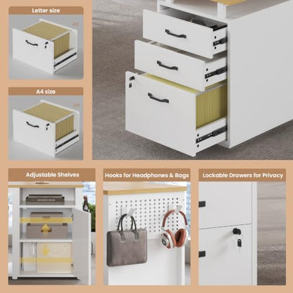 78" Executive Desk with Lockable File Cabinet, L Shaped Office Desk with Power Outlets, Large Executive Desk with Drawers and Storage Shelves , Reversible Computer Desk with Privacy Screen (White) - color: White