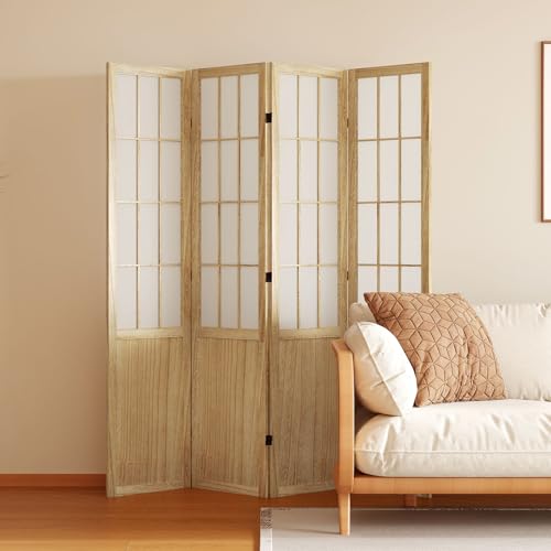 Room Divider, 66.9Inch Tall Japanese Shoji Style Folding Wood Screen with Double Hinges for Home Office Bedroom Hotel Decoration (4Panels, Natural) - color: Natural, size: 4 Panels