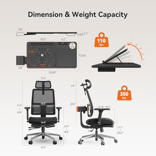 Newtral Ergonomic Office Chair - Home Office Desk Chair with Adaptive Lumbar Support, with Footrest, 4D Armrest, Adjustable Seat Depth & Height - color: Black, size: 5D Headrest +Laptop Tray