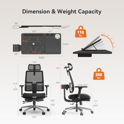 Newtral Ergonomic Office Chair - Home Office Desk Chair with Adaptive Lumbar Support, with Footrest, 4D Armrest, Adjustable Seat Depth & Height - color: Black, size: 5D Headrest +Laptop Tray