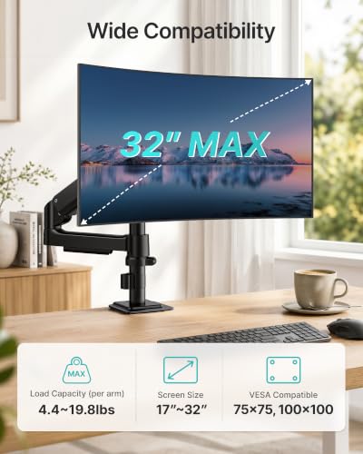 Single Monitor Arm for 17-32 Inch Screens, Holds up to19.8 lbs | Desk Monitor Mount with Clamp and Grommet Base,Gas Spring Monitor Stand,Full Motion Monitor Arms for Home Office - style: Single Monitor Arm
