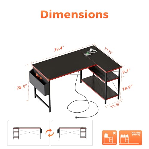 Mericonia 39 inch Corner Desk with Shelves, Small L Shaped Gaming Desk - color: Carbon Fiber, size: 39.4 inch