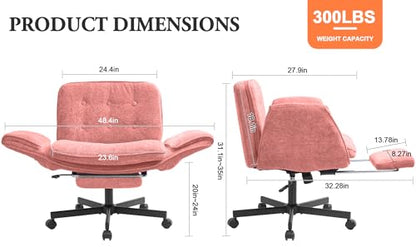 Criss Cross Chair with Footrest & 5 Level Folding Arms Full Relaxation, Wide Cross Legged Office Chair for Home Office, Comfy Swivel Desk Chair with Ottoman, Chenille Vanity Chair (Pink) - color: Pink, style: With Footrest