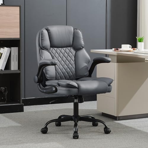 Office Desk Chair,Mid Back Executive Leather Chair,Ergonomic Home Computer Chair,Modern Conference Room Chairs with Adjustable Flip-Up Arms and Rocking Function (Grey) - color: Grey