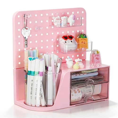 Comix Desk Organizer with 2 Drawer, Pink 360° Rotating Pen Holder for Desk | Desk Organizers and Accessories with 5 Slots Pencil Holder+Pegboard+Drawer, Pen Organizer for Home School Art Office Supplies - color: Pink