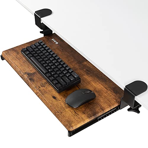 VIVO Small Keyboard Tray, Under Desk Pull Out with Extra Sturdy C Clamp Mount System, 20 (26 with Clamps) x 11 inch Slide-Out Platform Drawer, Rustic Vintage Brown Top, Black Frame, MOUNT-KB05ES-N | Keyboard Tray for Typing, Slide Out Platform, Rustic, Ex