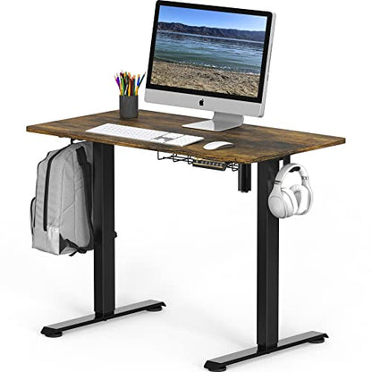 SHW 48-Inch Electric Height Adjustable Sit to Stand Desk, Rustic Brown | with Hanging Hooks and Cable Management, Black Frame and Rustic Brown Top - color: Rustic Brown, size: 48-Inch