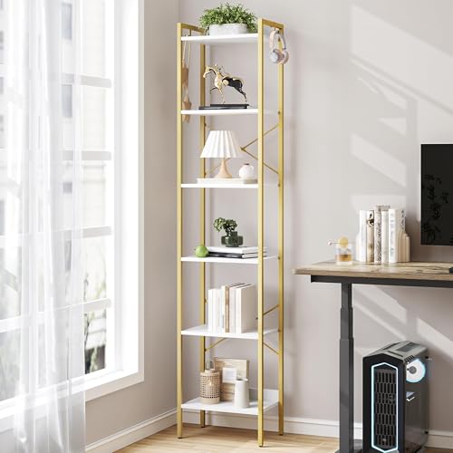 Hzuaneri Bookshelf, Book Shelf, Industrial Bookcase with 2 Hooks | Coner Shelf Storage Organizer for Home Office, Living Room, Bedroom, Kitchen, 6-Tier White-Gold BC10713G - color: White Gold, size: 9.4"D x 15.4"W x 72.8"H