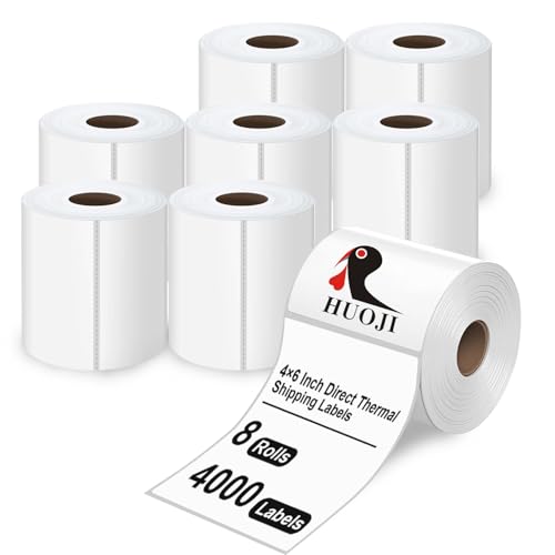 HUOJI 4000 4x6 Thermal Shipping Labels 500/Roll, Commercial Grade | 4x6 Thermal Labels Roll, Strong Adhesive, Clear Printing, Compatible with Rollo, Zebra, MUNBYN Printers - size: 8 Rolls | 4000 Labels(FBM)