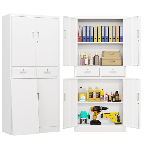 BESFUR Metal Storage Cabinet with 2 Drawers and Adjustable Shelves, 71" H Reinforced Heavy Duty Locking Storage Cabinet for Office, Garage, Home, School, Utility(White) - color: White, size: 71"H x 31.5"W x 15.8"D