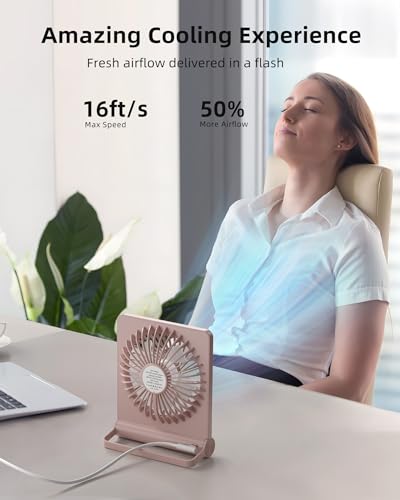 Koonie USB Desk Fan, Strong Wind Ultra Quiet Small Mini Fan | 220° Tilt Folding & 3 Speeds Adjustable, USB-C Powered Personal Fan for Home Office Desktop, Pink, NO BATTERY - color: Pink, size: 5.7 inch