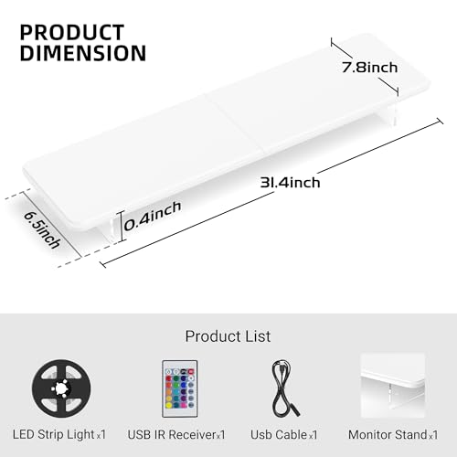 AFOOYO Monitor Stand Riser,31.5-Inch LED Light Wood Computer Monitor Stand with Adjustable Acrylic Legs,Desk Accessories Desktop Organizer Stand for, Computer,Laptop,Printer,PC TV Screen Riser,White