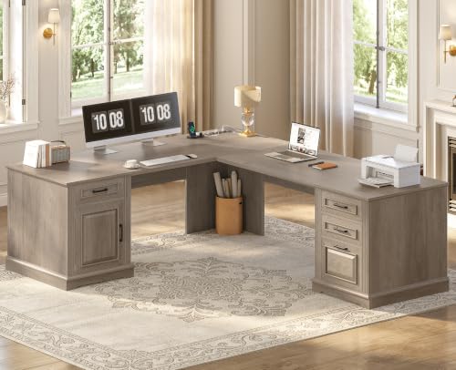 SEDETA 69" Farmhouse L Shaped Corner Desk with Drawers for Home Office - color: Grey, size: L Shaped Desk