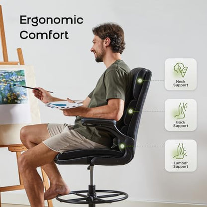 amseatec Drafting Chair, Tall Office Chair with Footrest for Standing Desk | 3-zone backrest and dual-layer cushion add comfort; 90° flip-up armrests plus adjustable foot ring fit counter-height tables - color: Black