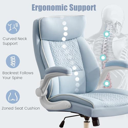 Executive Office Chair with High Back, Computer Desk Chair with Lumbar Support,Comfortable Leather Home Office Chairs 400lbs with Padded Flip-up Armrests, Adjustable Height,Tilting, LightBlue - color: Blue
