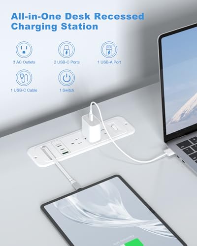 Recessed Power Strip with Retractable USB C Cable,2 PD 20W USB C,Flush Mount Countertop Drawer Outlet, Furniture Hidden Outlet for Side Table,End Table,3 Outlets (White, 6FT-20W USB) - color: White, size: 6FT-20W USB
