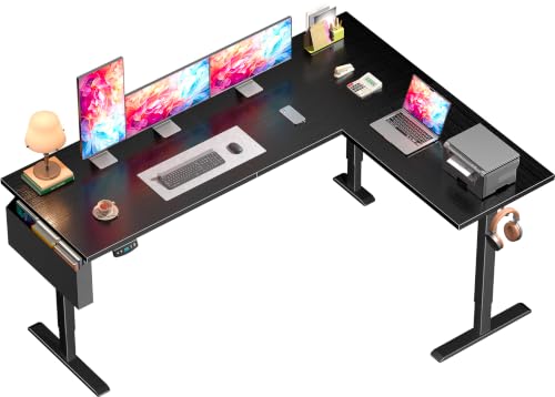 Furologee 63 Inch L Shaped Electric Standing Desk, Height Adjustable Sit to Stand Gaming Desk with Memory Presets, Reversible Computer Table for Home Office Dorm, Work, Study, Black - color: Black